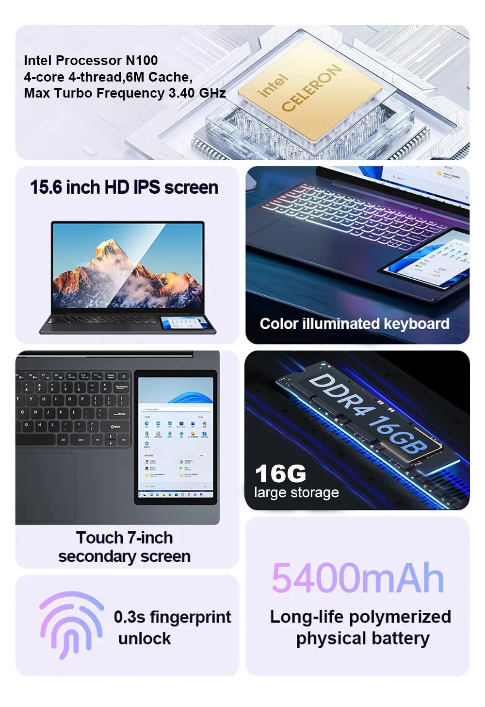 Notebook Intel CRELANDER laptop 15.6" +7" Touch Screen 32GB 1TB 16GB