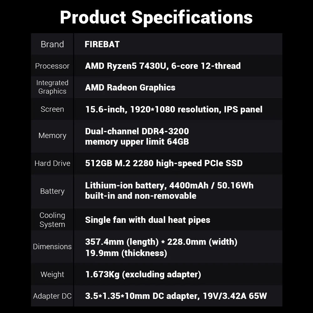 Notebook AMD Firebat AS1 Laptop Ryzen5 7430U 16GB 512GB 3200Mhz 15.6