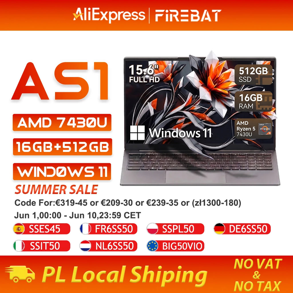 Notebook AMD Firebat AS1 Laptop Ryzen5 7430U 16GB 512GB 3200Mhz 15.6